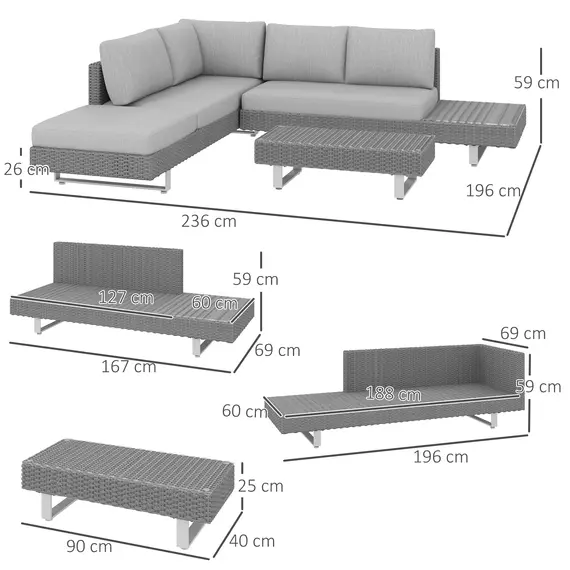 Buy Outsunny Three-Piece Rattan Sofa Set, with Cushions - Light Grey, 3 image