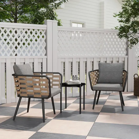 Buy 3 Pieces Rattan Bistro Set with Washable Seat and Back Cushions, Glass Top Coffee Table, for Outdoor, Patio, Black, 2 image