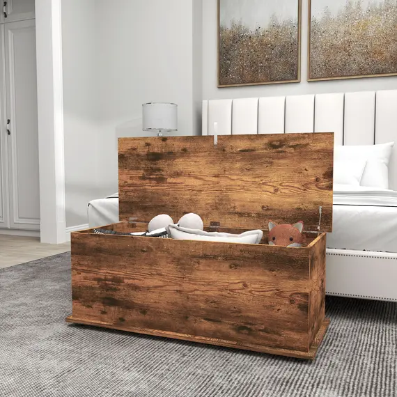 Buy Storage Chest, Large 113L Blanket Box, Shoe Bench with Safety Hinged Lid, Storage Trunk, Bed End Bench for Bedroom, Hallway, Living room, Playroom, 100 x 40 x 40cm, Rustic Brown, 8 image