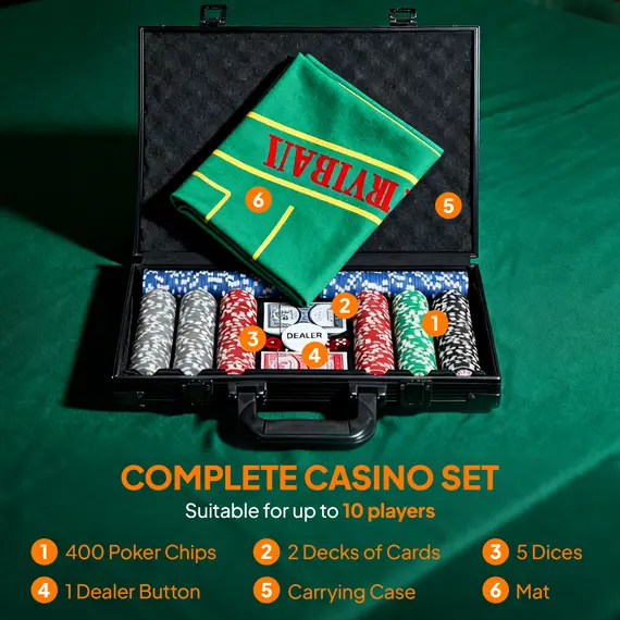 Buy 400-Piece Poker Chips Set with Lightweight ABS Case, Casino Texas Holdem Poker Set with Mat, 11.5g Numbered Poker Chips, Two Decks of Cards, Dealer, Five Dices, Grey, 4 image