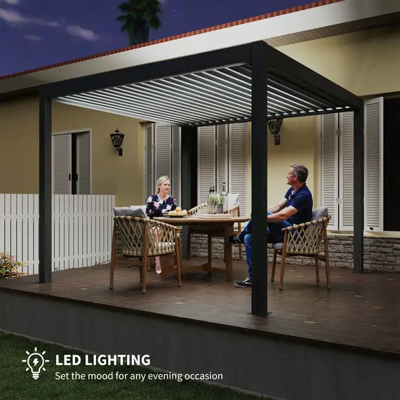 Buy Outsunny 3 x 3(m) Electric Louvered Pergola with LED Lights, Aluminium Pergola Hardtop Gazebo with Remote, Adjustable Roof and Drainage System, Water and UV Proof, 6 image