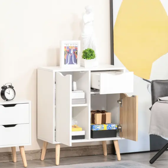 Buy Bedroom Furniture Set, Wardrobe with Hanging Rail, Bedside Table, Floor Cabinet with Storage, Nature Wood Finish and White, 9 image