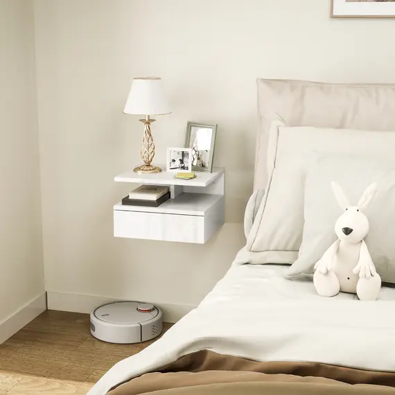 Buy Floating High Gloss Bedside Table - High Gloss White, 2 image