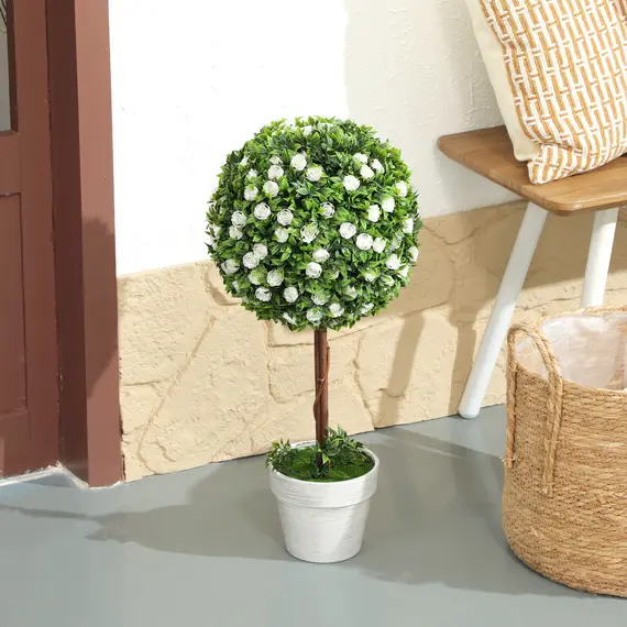 Buy Set of 2 Decorative Artificial Plants, Ball Topiary Tree with Rose Flower in Pot, Fake Plants for Home Indoor Outdoor Decor, 60cm, White, 8 image