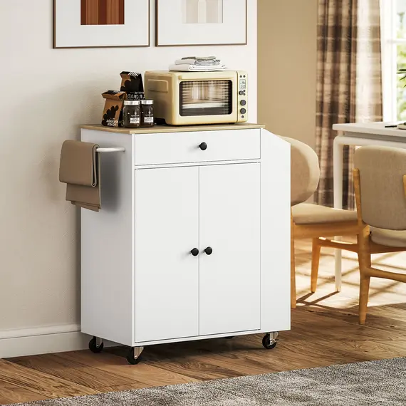 Buy Rolling Kitchen Island with 3-Tier Spice Rack, Kitchen Storage Cart with Drawer and Towel Rack, White, 8 image