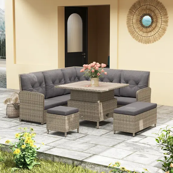 Buy 6 Pieces Outdoor PE Rattan Garden Furniture, Patio Wicker Sectional Conversation Corner Sofa with Soft Padded Cushion and Liftable Coffee Table, 123 x 55 x 84 cm, Light Grey, 2 image