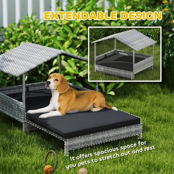 Buy PawHut Extendable Elevated Dog Bed, Rattan Dog House, with Water-Resistant Roof, Removable Cushion, Charcoal Grey, 4 image