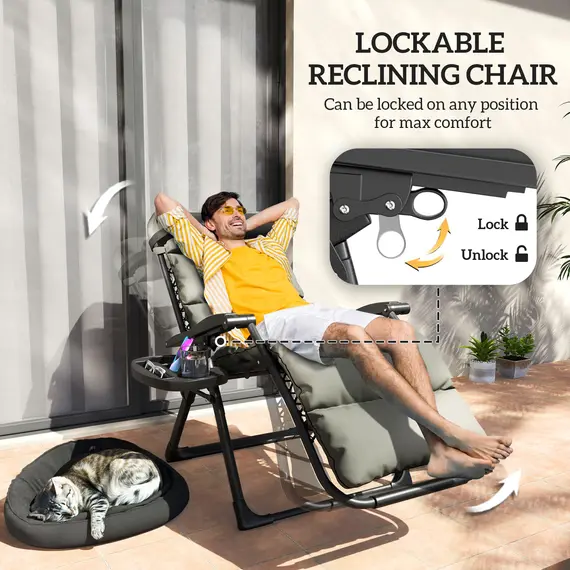 Buy Outsunny Set of Two Reclining Sun Loungers, with Cushion - Grey, 4 image
