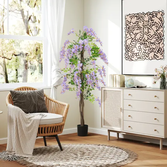 Buy 180cm Ficus Artificial Tree, Fake Wisteria Tree in Nursery Pot, Indoor Greenery Tall Faux Floor Plant for Living Room Office Decor, Purple, 8 image