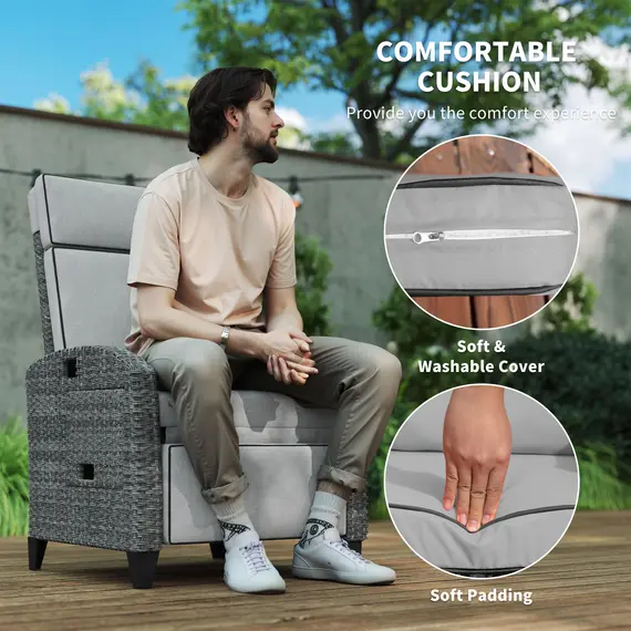 Buy Outdoor Recliner Chair with Adjustable Backrest and Footrest, Cushion, Side Tray, Light Grey/Grey, 7 image
