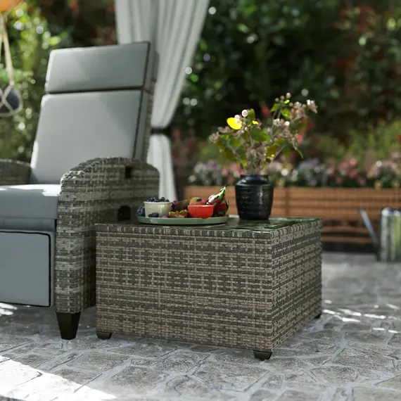 Buy 62 x 62cm Glass-Top Rattan Side Table - Light Grey, 9 image