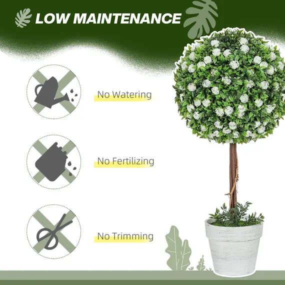 Buy Set of 2 Decorative Artificial Plants, Ball Topiary Tree with Rose Flower in Pot, Fake Plants for Home Indoor Outdoor Decor, 60cm, White, 5 image
