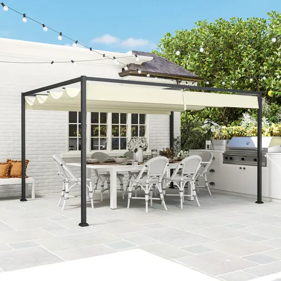 Buy Outsunny 4 x 3(m) Metal Pergola with Retractable Roof, Garden Gazebo Canopy Shelter for Outdoor, Patio, Cream White, 9 image