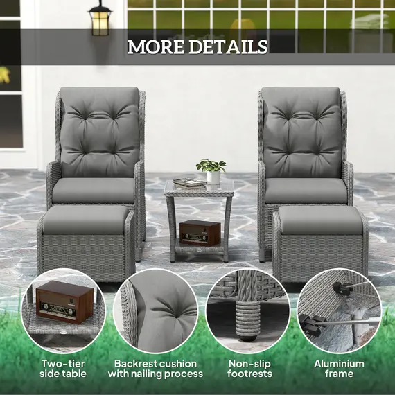 Buy 5 Pieces Rattan Bistro Set with Adjustable Back, Reclining Wicker Balcony Furniture with Cushions, Glass Top Coffee Table and Footstools, Outdoor Table and Chairs, Light Grey, 7 image