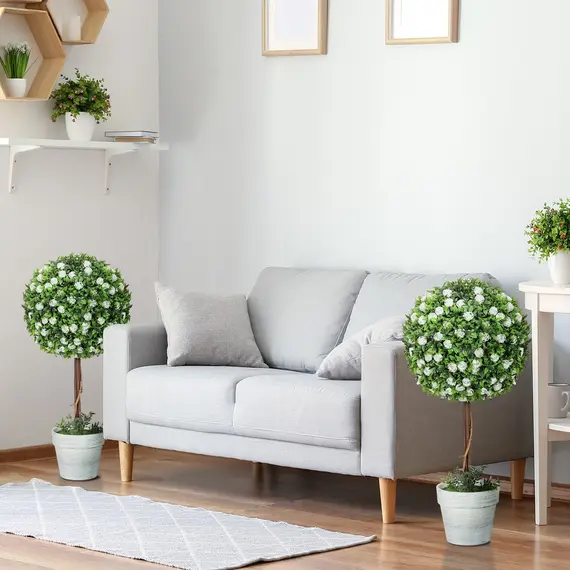 Buy Set of 2 Decorative Artificial Plants, Ball Topiary Tree with Rose Flower in Pot, Fake Plants for Home Indoor Outdoor Decor, 60cm, White, 6 image