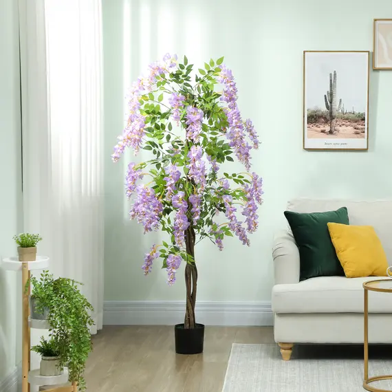 Buy 180cm Ficus Artificial Tree, Fake Wisteria Tree in Nursery Pot, Indoor Greenery Tall Faux Floor Plant for Living Room Office Decor, Purple, 2 image