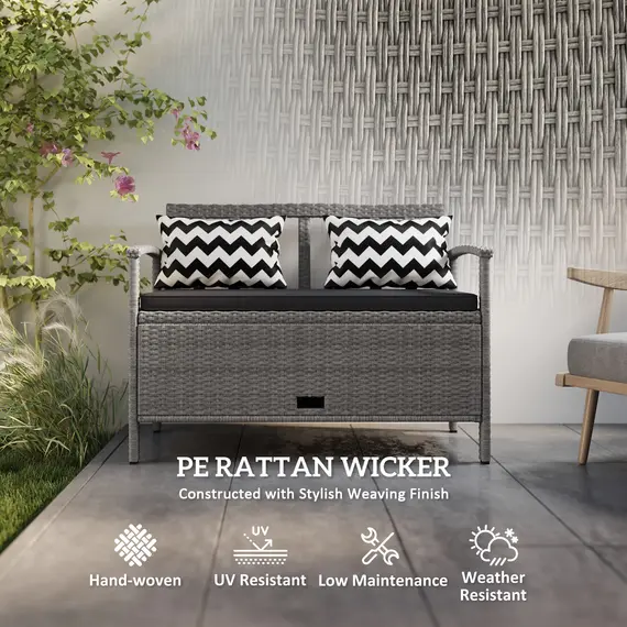 Buy 160L Storage Two-Seater Rattan Bench - Grey, 5 image