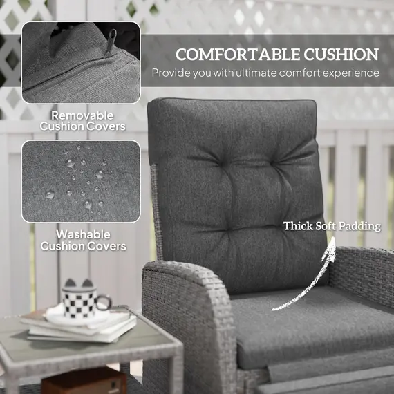 Buy Outsunny 2 Seater Patio Rattan Wicker No Installation Chaise Lounge Sofa Set w/ Cushion for Patio Garden Porch, Grey, 7 image
