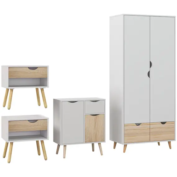Buy Bedroom Furniture Set, Wardrobe with Hanging Rail, Bedside Table, Floor Cabinet with Storage, Nature Wood Finish and White