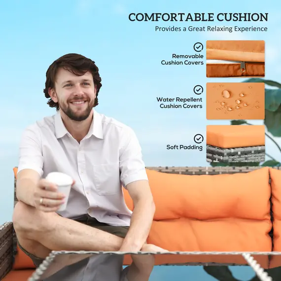Buy Outsunny 7-Seater Patio wicker Sofa Set Rattan Chair Furniture w/ Glass & Cushioned, Orange, 4 image