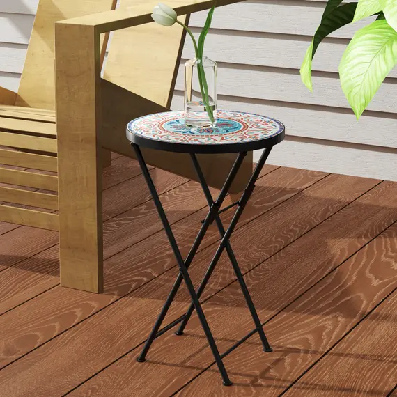 Buy Mosaic Outdoor Garden Table, 35.5cm Round Folding Coffee Table with Metal Frame for Balcony Terrace, Multicolour, 9 image