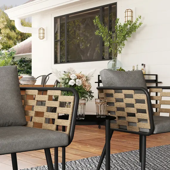 Buy 3 Pieces Rattan Bistro Set with Washable Seat and Back Cushions, Glass Top Coffee Table, for Outdoor, Patio, Black, 8 image