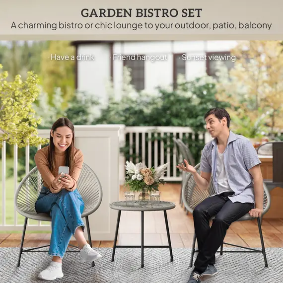 Buy 3 Pieces Rattan Bistro Set, Garden Bistro Set with Acapulco Chairs and Glass Top Table, Small Garden Furniture Set with Reinforced Metal Frame for Outdoor, Patio, Balcony, Grey, 4 image
