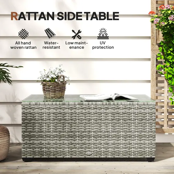 Buy 90 x 50cm Glass-Top Rattan Side Table - Light Grey, 4 image