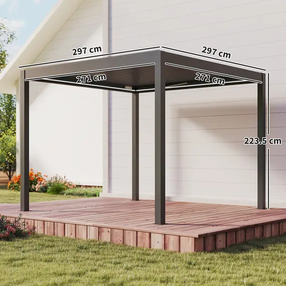Buy Outsunny 3 x 3(m) Electric Louvered Pergola with LED Lights, Aluminium Pergola Hardtop Gazebo with Remote, Adjustable Roof and Drainage System, Water and UV Proof, 4 image
