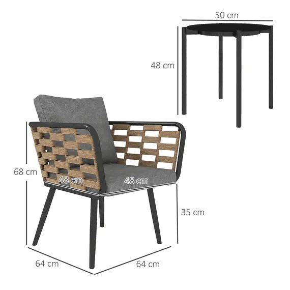 Buy 3 Pieces Rattan Bistro Set with Washable Seat and Back Cushions, Glass Top Coffee Table, for Outdoor, Patio, Black, 3 image