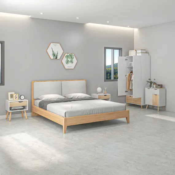 Buy Bedroom Furniture Set, Wardrobe with Hanging Rail, Bedside Table, Floor Cabinet with Storage, Nature Wood Finish and White, 2 image