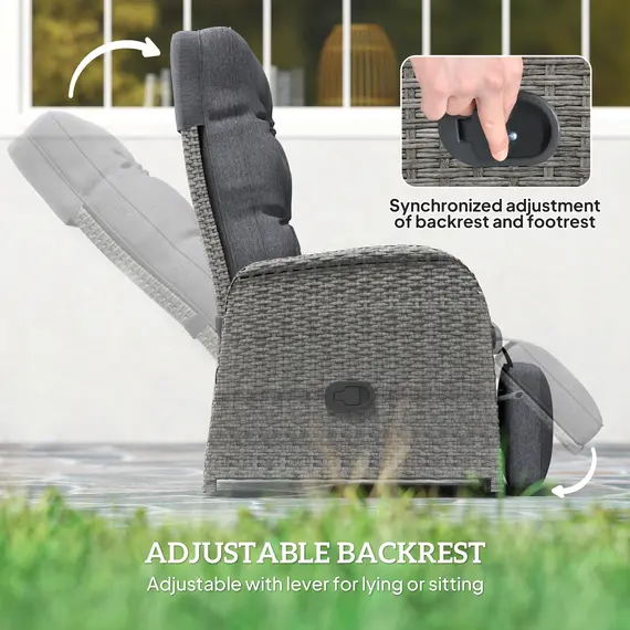 Buy Outsunny 2 Seater Patio Rattan Wicker No Installation Chaise Lounge Sofa Set w/ Cushion for Patio Garden Porch, Grey, 5 image