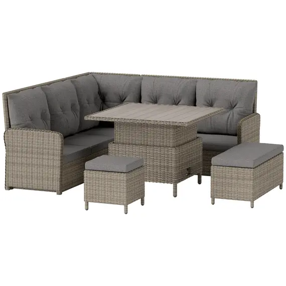 Buy 6 Pieces Outdoor PE Rattan Garden Furniture, Patio Wicker Sectional Conversation Corner Sofa with Soft Padded Cushion and Liftable Coffee Table, 123 x 55 x 84 cm, Light Grey