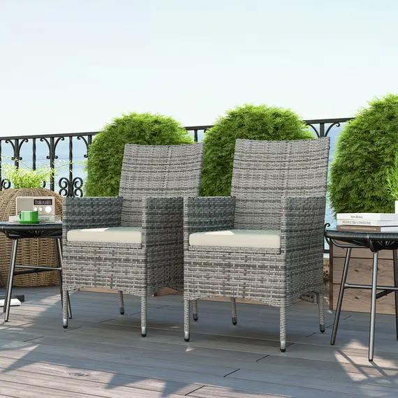 Buy 2 Pieces Rattan Garden Chairs Dining Chair Set with Cushion, Mixed Grey, 8 image
