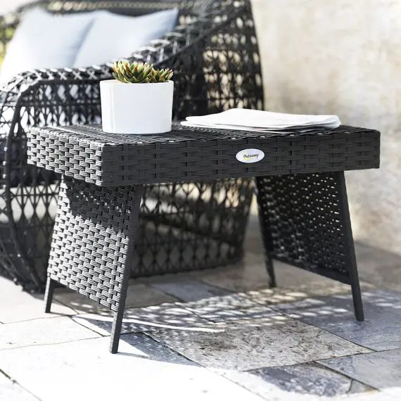 Buy Foldable Outdoor Side Table, Rattan Garden Coffee Table with Steel Frame, Space Saving Bistro Garden Furniture for Patio, Balcony, 60 x 41 x 41 cm, Black, 8 image