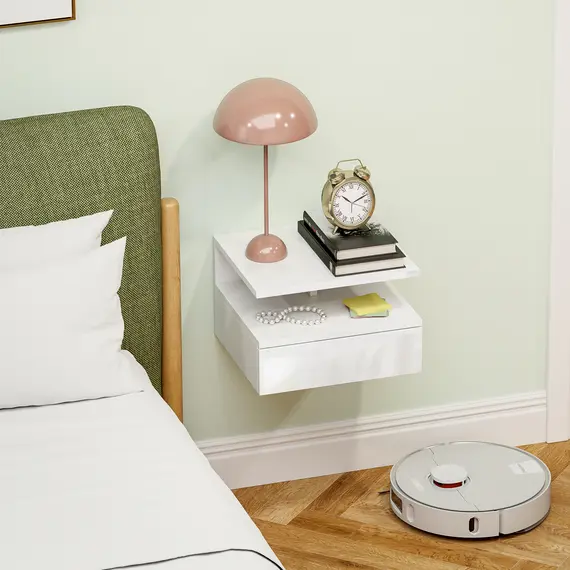 Buy Floating High Gloss Bedside Table - High Gloss White, 9 image