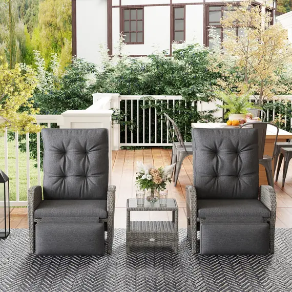 Buy Outsunny 2 Seater Patio Rattan Wicker No Installation Chaise Lounge Sofa Set w/ Cushion for Patio Garden Porch, Grey, 9 image