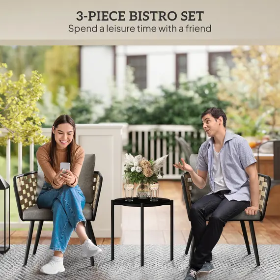 Buy 3 Pieces Rattan Bistro Set with Washable Seat and Back Cushions, Glass Top Coffee Table, for Outdoor, Patio, Black, 4 image