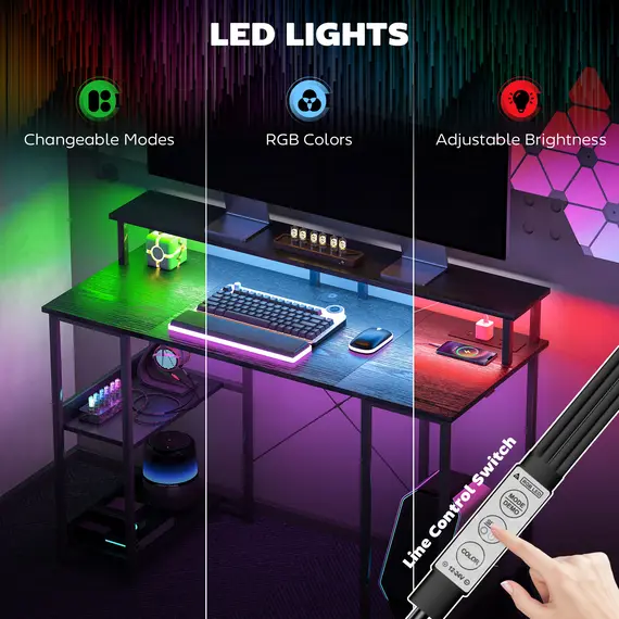Buy LED Computer Desk, with Power Outlets and Shelves - Black, 5 image