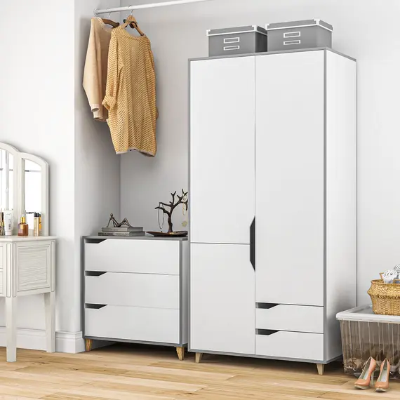 Buy Bedroom Furniture Set, Wardrobe with Hanging Rail, 3 Drawer Chest of Drawers with Cut-out Handles, Grey and White, 2 image