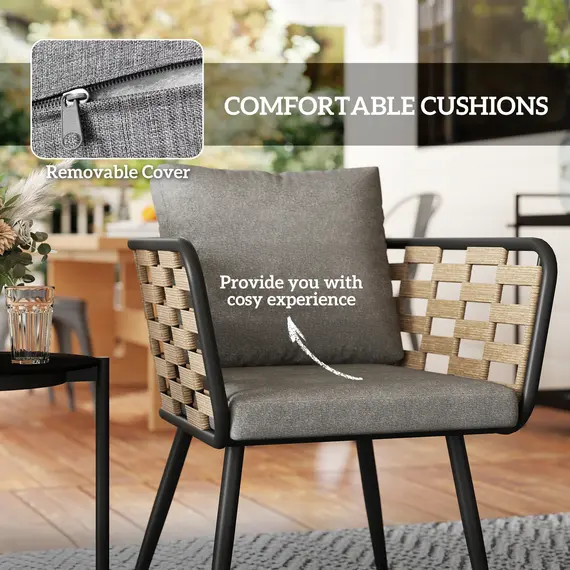 Buy 3 Pieces Rattan Bistro Set with Washable Seat and Back Cushions, Glass Top Coffee Table, for Outdoor, Patio, Black, 5 image