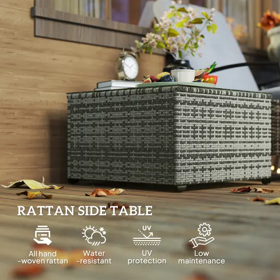 Buy 62 x 62cm Glass-Top Rattan Side Table - Light Grey, 4 image