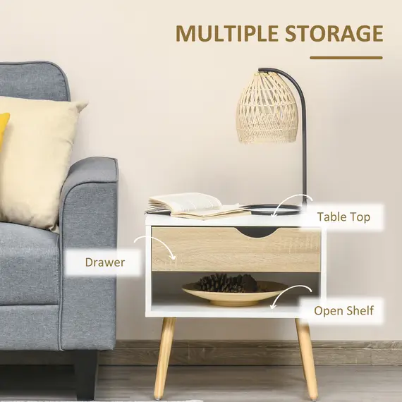 Buy Bedroom Furniture Set, Wardrobe with Hanging Rod, Side Cabinet with Wood Legs, Bedside Table with Drawer, Nature Wood Finish and White, 9 image
