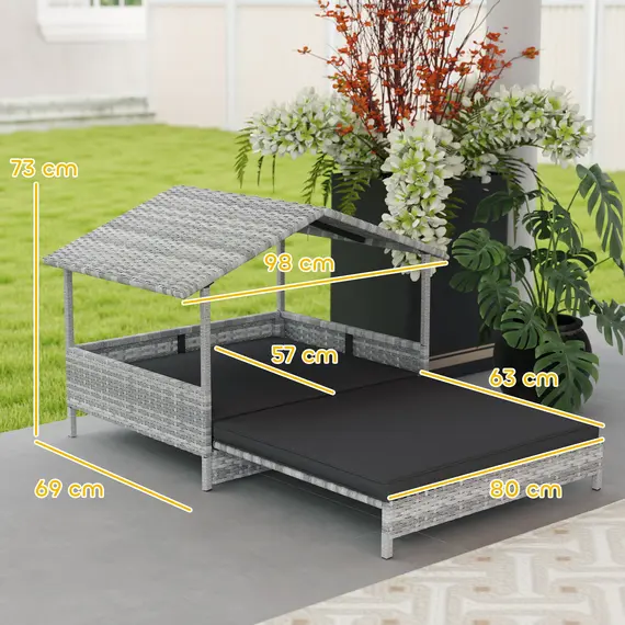 Buy PawHut Extendable Elevated Dog Bed, Rattan Dog House, with Water-Resistant Roof, Removable Cushion, Charcoal Grey, 3 image