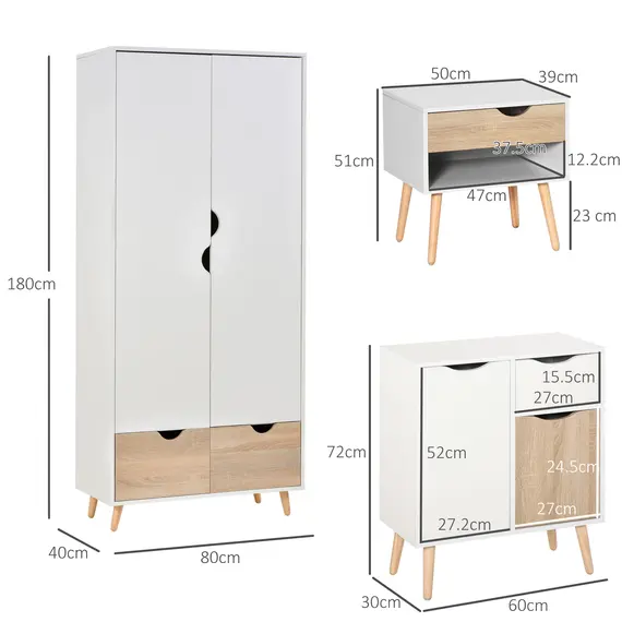 Buy Bedroom Furniture Set, Wardrobe with Hanging Rail, Bedside Table, Floor Cabinet with Storage, Nature Wood Finish and White, 3 image