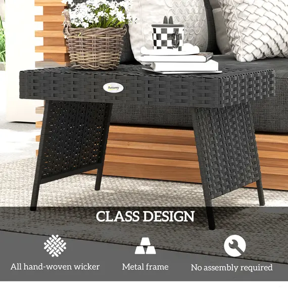 Buy Foldable Outdoor Side Table, Rattan Garden Coffee Table with Steel Frame, Space Saving Bistro Garden Furniture for Patio, Balcony, 60 x 41 x 41 cm, Black, 5 image