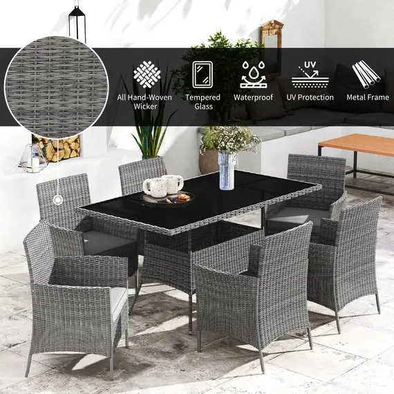 Buy 7-Piece Rattan Garden Furniture Set with Cushions, 6 Seater Garden Table and Chairs, Rattan Dining Set with 6 Armchairs, Rectangular Glass Top Table, Charcoal Grey, 3 image