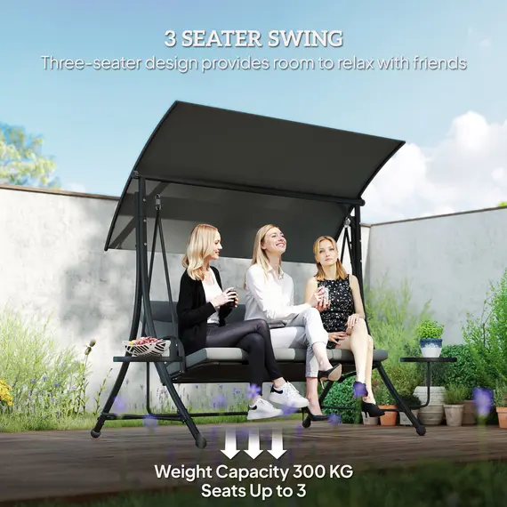 Buy Three-Seater Garden Swing, with Adjustable Canopy - Black/Grey, 7 image
