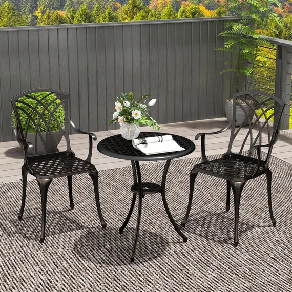 Buy Outsunny 3 Pieces Garden Dining Set for 2, Cast Aluminium Outdoor Dining Set with 2 Armchairs and Round Dining Table with Parasol Hole, Garden Furniture Bistro Set, Bronze Tone, 2 image