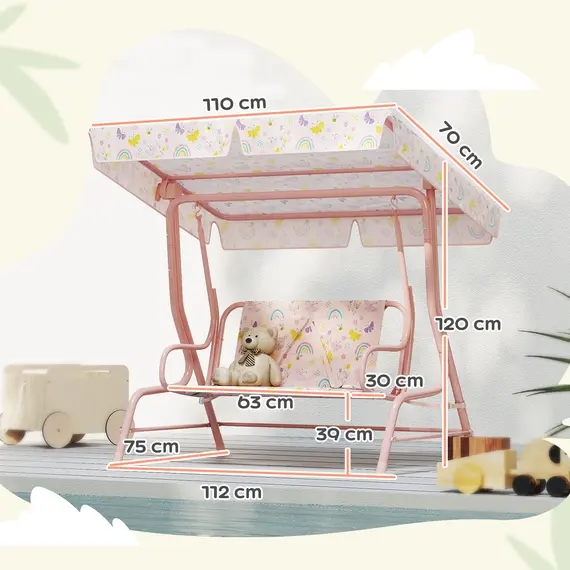 Buy AIYAPLAY Kids Garden Swing Chair with Adjustable Canopy, Safety Belt, 2 Seater Hammock Swing Bench for Patio, Porch, Pink, 3 image
